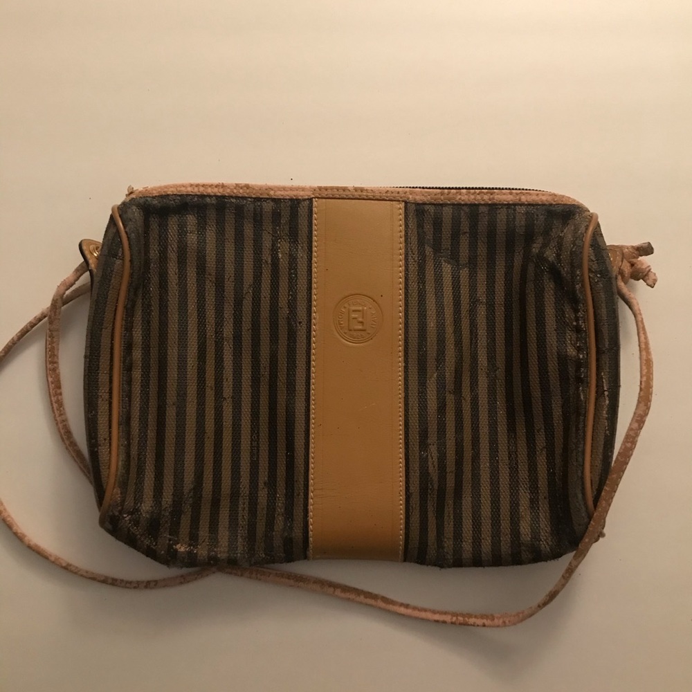 Fendi Vintage Tan Black Striped Crossbody Handbag